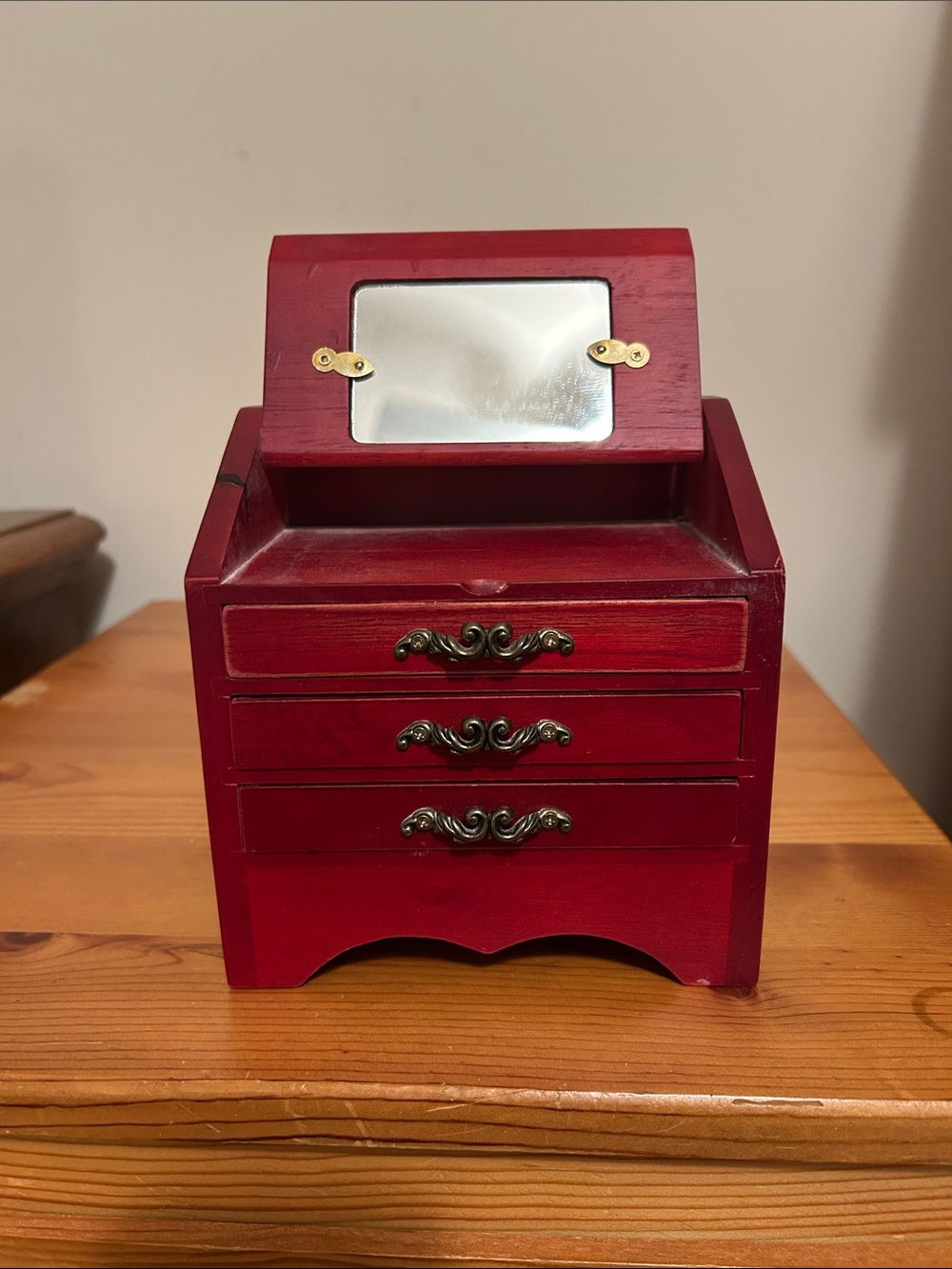Red Wooden Jewelry Organizer Box with Mirror - Unbranded Classic Storage